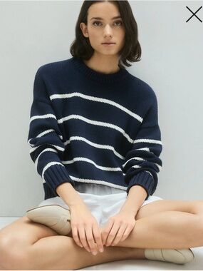 Quince Navy and White Stripe Crewneck Sweater